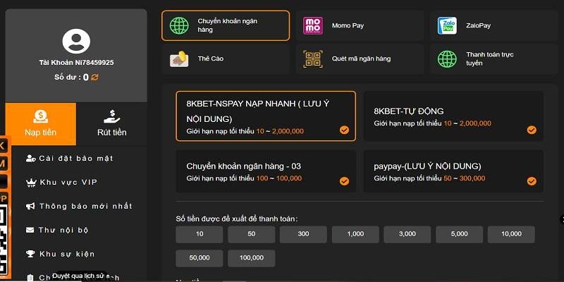 Cung cấp thông tin nạp tiền 8KBET được hệ thống yêu cầu